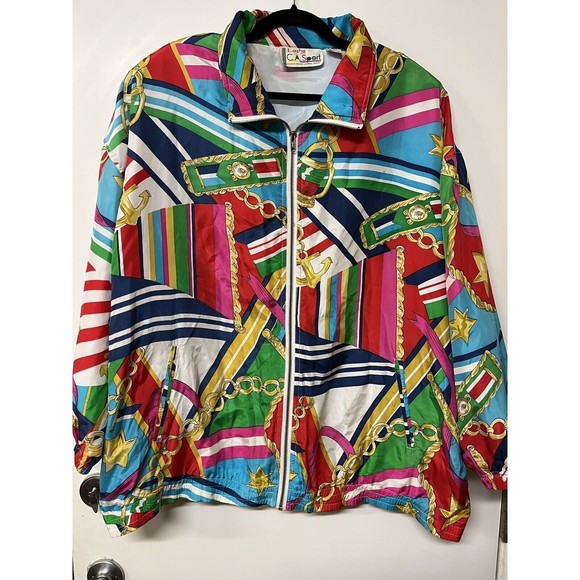Vintage Jackets & Blazers - Lady C.A. Sport‎ Jacket Womens 2X Vintage Silk Bold Print Shoulder Pads Nautical